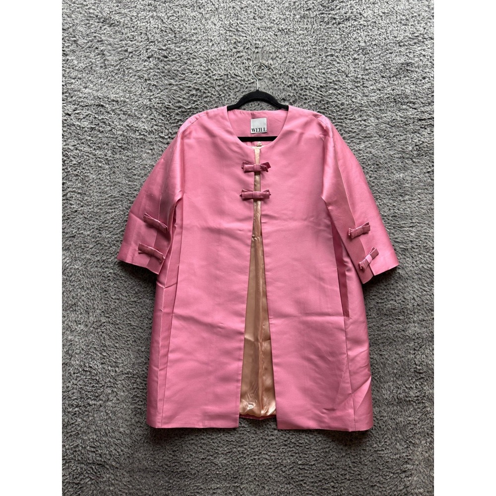 Weill‎ Relaxed Fit Bows Open-Front 3/4 Sleeve Long Coat Pink Womens Size L/XL